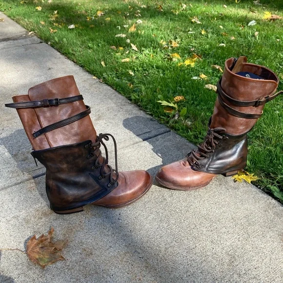 Freebird Ravi Mid-Calf Distressed Brown Leather Two Tone Leather Moto Boots 10 - Picture 8 of 17